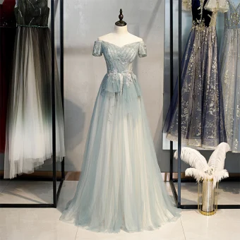 Elegant Sage Green Prom Dresses 2021 A Line Princess Off The Shoulder Short Sleeve Beading Sequins Sweep Train Ruffle Backless Formal Dresses