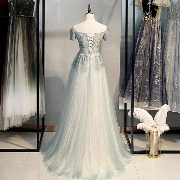 Elegante Salbeigrün Ballkleider 2021 A Linie Off Shoulder Kurze Ärmel Perlenstickerei Pailletten Sweep / Pinsel Zug Rüschen Rückenfreies Festliche Kleider