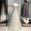 Elegante Salbeigrün Ballkleider 2021 A Linie Off Shoulder Kurze Ärmel Perlenstickerei Pailletten Sweep / Pinsel Zug Rüschen Rückenfreies Festliche Kleider