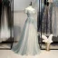 Elegante Salbeigrün Ballkleider 2021 A Linie Off Shoulder Kurze Ärmel Perlenstickerei Pailletten Sweep / Pinsel Zug Rüschen Rückenfreies Festliche Kleider