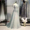 Elegant Sage Green Prom Dresses 2021 A-Line / Princess Off-The-Shoulder Short Sleeve Beading Sequins Sweep Train Ruffle Backless Formal Dresses