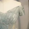 Elegant Sage Green Prom Dresses 2021 A-Line / Princess Off-The-Shoulder Short Sleeve Beading Sequins Sweep Train Ruffle Backless Formal Dresses