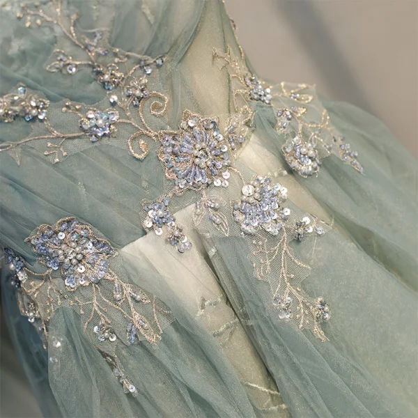 Elegante Salbeigrün Ballkleider 2021 A Linie Off Shoulder Kurze Ärmel Perlenstickerei Pailletten Sweep / Pinsel Zug Rüschen Rückenfreies Festliche Kleider