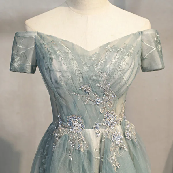 Elegante Salbeigrün Ballkleider 2021 A Linie Off Shoulder Kurze Ärmel Perlenstickerei Pailletten Sweep / Pinsel Zug Rüschen Rückenfreies Festliche Kleider