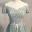 Elegante Salbeigrün Ballkleider 2021 A Linie Off Shoulder Kurze Ärmel Perlenstickerei Pailletten Sweep / Pinsel Zug Rüschen Rückenfreies Festliche Kleider