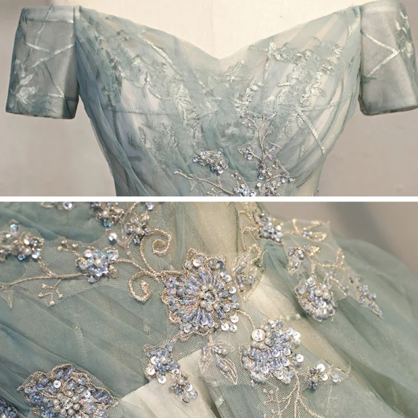 Elegante Salbeigrün Ballkleider 2021 A Linie Off Shoulder Kurze Ärmel Perlenstickerei Pailletten Sweep / Pinsel Zug Rüschen Rückenfreies Festliche Kleider