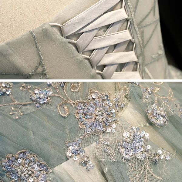 Elegante Salbeigrün Ballkleider 2021 A Linie Off Shoulder Kurze Ärmel Perlenstickerei Pailletten Sweep / Pinsel Zug Rüschen Rückenfreies Festliche Kleider