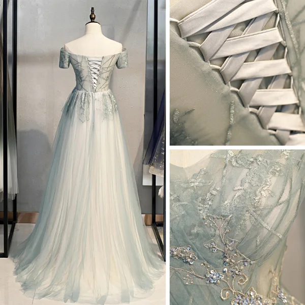 Elegante Salbeigrün Ballkleider 2021 A Linie Off Shoulder Kurze Ärmel Perlenstickerei Pailletten Sweep / Pinsel Zug Rüschen Rückenfreies Festliche Kleider