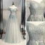Elegante Salbeigrün Ballkleider 2021 A Linie Off Shoulder Kurze Ärmel Perlenstickerei Pailletten Sweep / Pinsel Zug Rüschen Rückenfreies Festliche Kleider