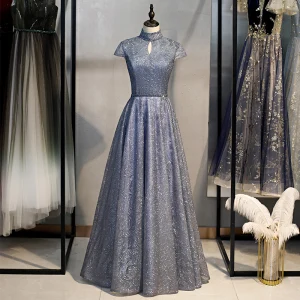 Vintage Retro Navy Blue Dancing Prom Dresses 2021 A Line Princess See Through High Neck Short Sleeve Beading Glitter Tulle Floor Length Long Ruffle Backless Formal Dresses