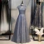 Vintage / Retro Navy Blue Dancing Prom Dresses 2021 A-Line / Princess See-through High Neck Short Sleeve Beading Glitter Tulle Floor-Length / Long Ruffle Backless Formal Dresses