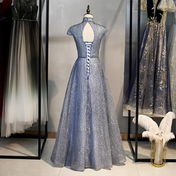 Vintage / Retro Navy Blue Dancing Prom Dresses 2021 A-Line / Princess See-through High Neck Short Sleeve Beading Glitter Tulle Floor-Length / Long Ruffle Backless Formal Dresses
