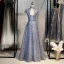 Vintage / Retro Navy Blue Dancing Prom Dresses 2021 A-Line / Princess See-through High Neck Short Sleeve Beading Glitter Tulle Floor-Length / Long Ruffle Backless Formal Dresses
