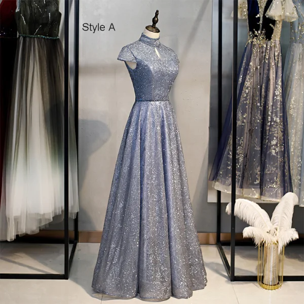 Vintage / Retro Navy Blue Dancing Prom Dresses 2021 A-Line / Princess See-through High Neck Short Sleeve Beading Glitter Tulle Floor-Length / Long Ruffle Backless Formal Dresses
