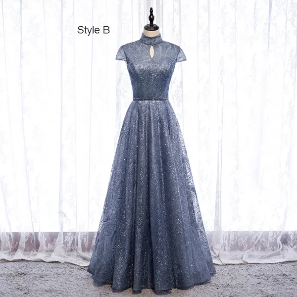 Vintage / Retro Navy Blue Dancing Prom Dresses 2021 A-Line / Princess See-through High Neck Short Sleeve Beading Glitter Tulle Floor-Length / Long Ruffle Backless Formal Dresses