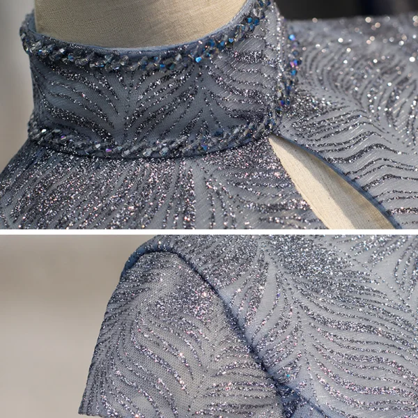 Vintage / Retro Navy Blue Dancing Prom Dresses 2021 A-Line / Princess See-through High Neck Short Sleeve Beading Glitter Tulle Floor-Length / Long Ruffle Backless Formal Dresses