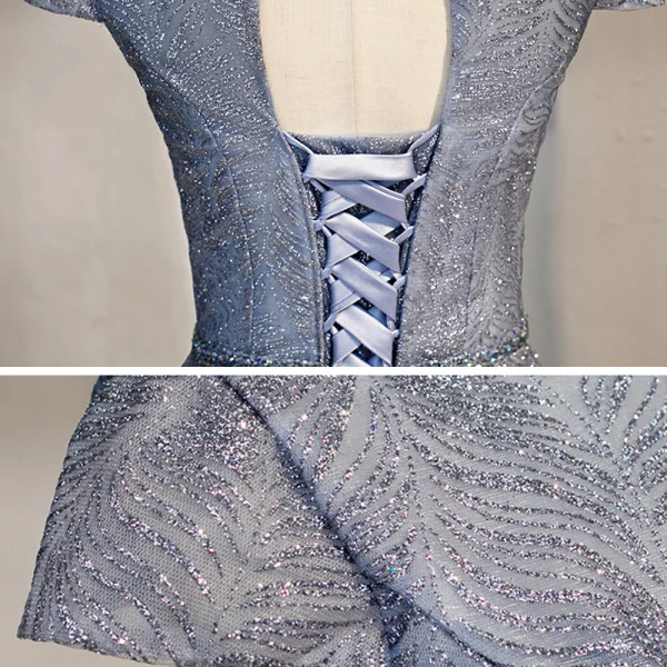 Vintage / Retro Navy Blue Dancing Prom Dresses 2021 A-Line / Princess See-through High Neck Short Sleeve Beading Glitter Tulle Floor-Length / Long Ruffle Backless Formal Dresses