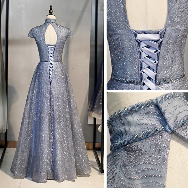 Vintage / Retro Navy Blue Dancing Prom Dresses 2021 A-Line / Princess See-through High Neck Short Sleeve Beading Glitter Tulle Floor-Length / Long Ruffle Backless Formal Dresses