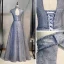 Vintage / Retro Navy Blue Dancing Prom Dresses 2021 A-Line / Princess See-through High Neck Short Sleeve Beading Glitter Tulle Floor-Length / Long Ruffle Backless Formal Dresses