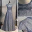 Vintage / Retro Navy Blue Dancing Prom Dresses 2021 A-Line / Princess See-through High Neck Short Sleeve Beading Glitter Tulle Floor-Length / Long Ruffle Backless Formal Dresses