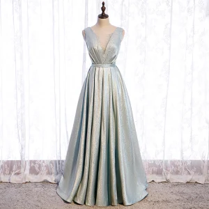 Mode Argenté Dansant Robe De Bal 2021 Princesse Transparentes Col V Profond Sans Manches Faux Diamant Glitter Polyester Ceinture Longue Volants Dos Nu Robe De Ceremonie