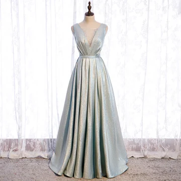 Fashion Silver Dancing Prom Dresses 2021 A Line Princess See Through Deep V Neck Sleeveless Rhinestone Glitter Polyester Sash Floor Length Long Ruffle Backless Formal Dresses