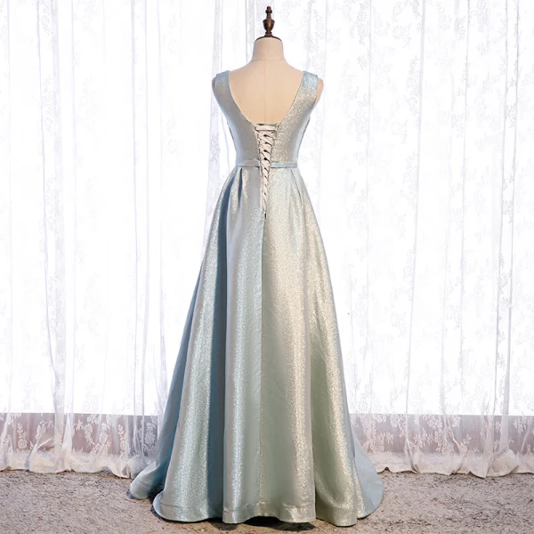 Fashion Silver Dancing Prom Dresses 2021 A-Line / Princess See-through Deep V-Neck Sleeveless Rhinestone Glitter Polyester Sash Floor-Length / Long Ruffle Backless Formal Dresses