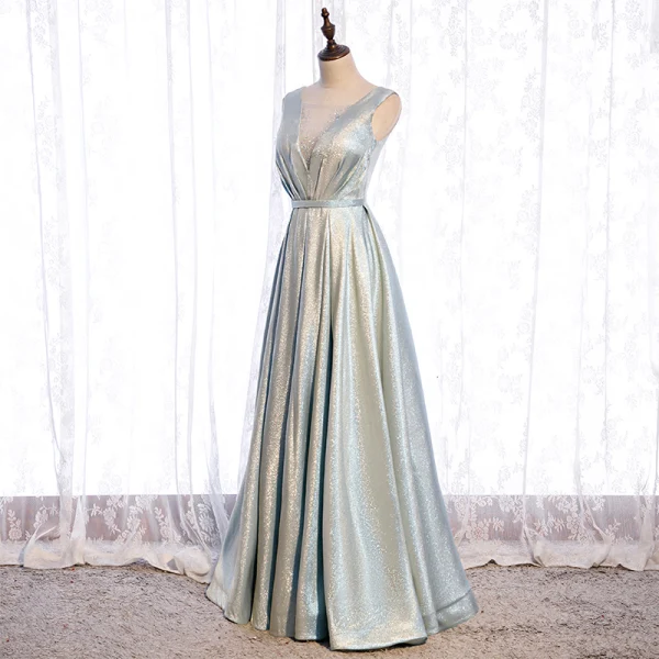 Fashion Silver Dancing Prom Dresses 2021 A-Line / Princess See-through Deep V-Neck Sleeveless Rhinestone Glitter Polyester Sash Floor-Length / Long Ruffle Backless Formal Dresses