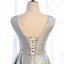 Fashion Silver Dancing Prom Dresses 2021 A-Line / Princess See-through Deep V-Neck Sleeveless Rhinestone Glitter Polyester Sash Floor-Length / Long Ruffle Backless Formal Dresses