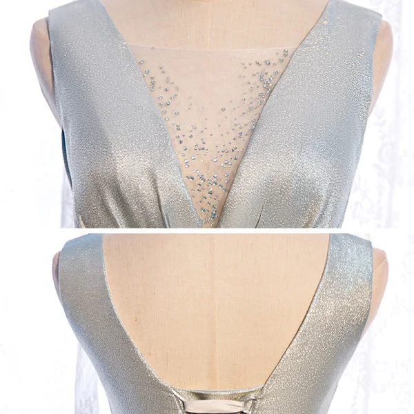 Fashion Silver Dancing Prom Dresses 2021 A-Line / Princess See-through Deep V-Neck Sleeveless Rhinestone Glitter Polyester Sash Floor-Length / Long Ruffle Backless Formal Dresses