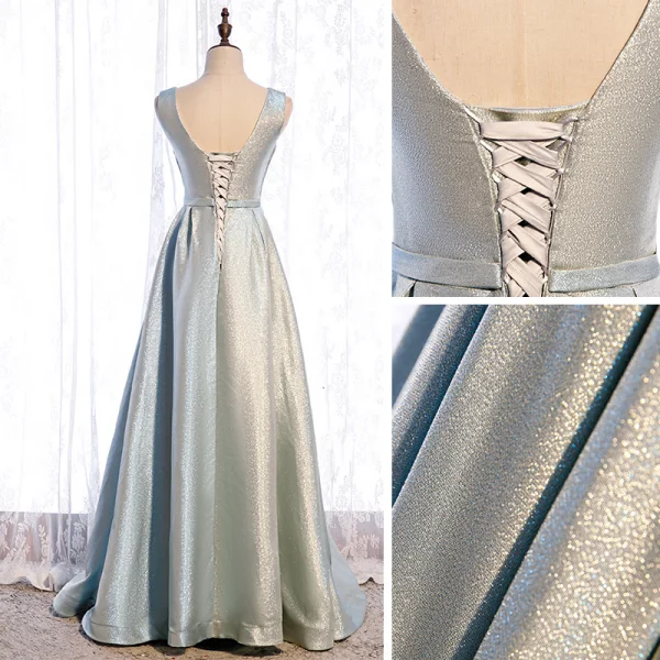 Fashion Silver Dancing Prom Dresses 2021 A-Line / Princess See-through Deep V-Neck Sleeveless Rhinestone Glitter Polyester Sash Floor-Length / Long Ruffle Backless Formal Dresses