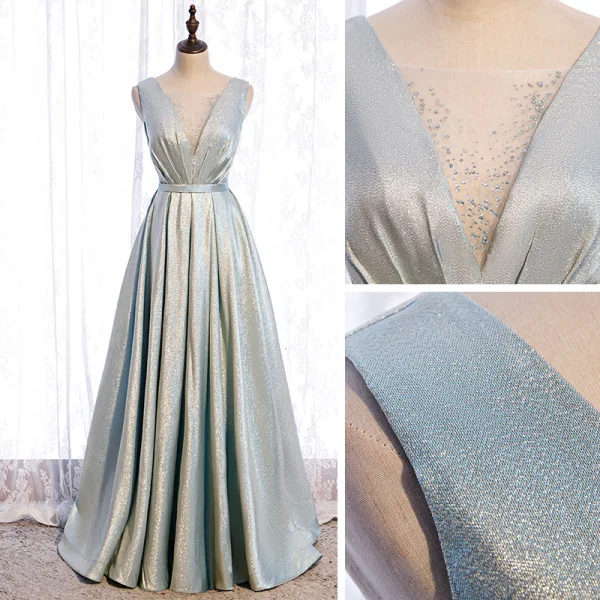 Fashion Silver Dancing Prom Dresses 2021 A-Line / Princess See-through Deep V-Neck Sleeveless Rhinestone Glitter Polyester Sash Floor-Length / Long Ruffle Backless Formal Dresses