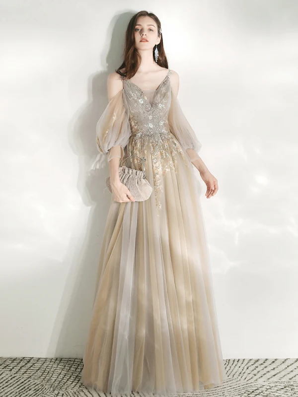 Victorian Style Champagne Dancing Prom Dresses 2021 A-Line / Princess Deep V-Neck Spaghetti Straps Puffy Long Sleeve Beading Sequins Floor-Length / Long Ruffle Backless Formal Dresses