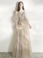Victorian Style Champagne Dancing Prom Dresses 2021 A-Line / Princess Deep V-Neck Spaghetti Straps Puffy Long Sleeve Beading Sequins Floor-Length / Long Ruffle Backless Formal Dresses