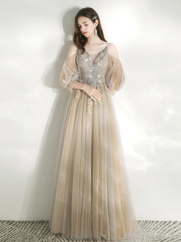 Victorian Style Champagne Dancing Prom Dresses 2021 A-Line / Princess Deep V-Neck Spaghetti Straps Puffy Long Sleeve Beading Sequins Floor-Length / Long Ruffle Backless Formal Dresses