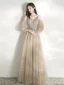 Victorian Style Champagne Dancing Prom Dresses 2021 A-Line / Princess Deep V-Neck Spaghetti Straps Puffy Long Sleeve Beading Sequins Floor-Length / Long Ruffle Backless Formal Dresses