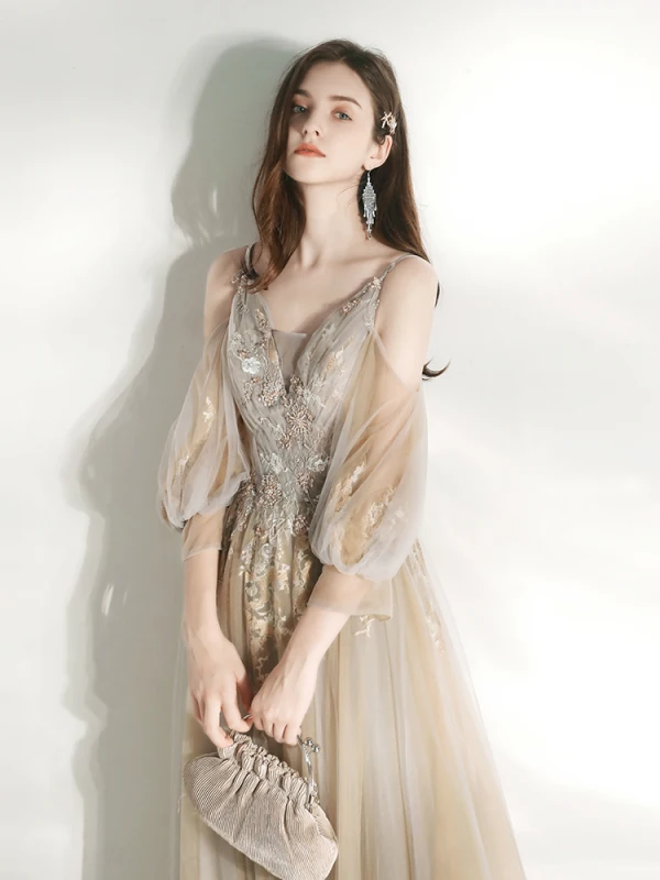 Victorian Style Champagne Dancing Prom Dresses 2021 A-Line / Princess Deep V-Neck Spaghetti Straps Puffy Long Sleeve Beading Sequins Floor-Length / Long Ruffle Backless Formal Dresses