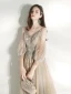 Victorian Style Champagne Dancing Prom Dresses 2021 A-Line / Princess Deep V-Neck Spaghetti Straps Puffy Long Sleeve Beading Sequins Floor-Length / Long Ruffle Backless Formal Dresses