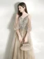 Victorian Style Champagne Dancing Prom Dresses 2021 A-Line / Princess Deep V-Neck Spaghetti Straps Puffy Long Sleeve Beading Sequins Floor-Length / Long Ruffle Backless Formal Dresses