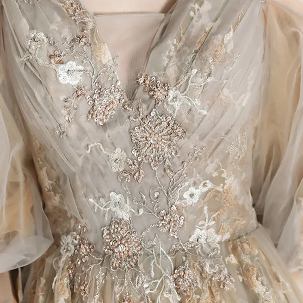 Victorian Style Champagne Dancing Prom Dresses 2021 A-Line / Princess Deep V-Neck Spaghetti Straps Puffy Long Sleeve Beading Sequins Floor-Length / Long Ruffle Backless Formal Dresses