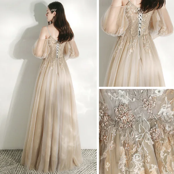 Victorian Style Champagne Dancing Prom Dresses 2021 A-Line / Princess Deep V-Neck Spaghetti Straps Puffy Long Sleeve Beading Sequins Floor-Length / Long Ruffle Backless Formal Dresses