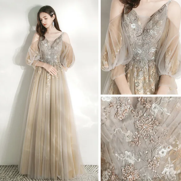 Victorian Style Champagne Dancing Prom Dresses 2021 A-Line / Princess Deep V-Neck Spaghetti Straps Puffy Long Sleeve Beading Sequins Floor-Length / Long Ruffle Backless Formal Dresses