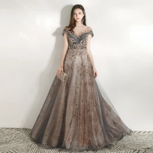 Illusion Grey Prom Dresses 2021 A Line Princess See Through Scoop Neck Short Sleeve Beading Sequins Sweep Train Ruffle Formal Dresses