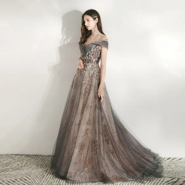 Illusion Grey Prom Dresses 2021 A-Line / Princess See-through Scoop ...