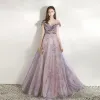 Illusion Grey Prom Dresses 2021 A-Line / Princess See-through Scoop Neck Short Sleeve Beading Sequins Sweep Train Ruffle Formal Dresses