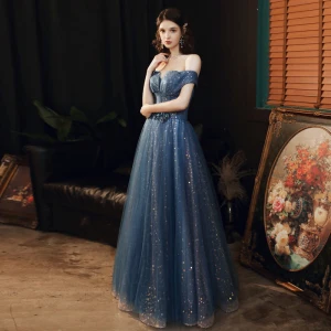 Bling Bling Océan Bleu Dansant Robe De Bal 2021 Princesse De L 039 Épaule Manches Courtes Perlage Paillettes Longue Volants Dos Nu Robe De Ceremonie