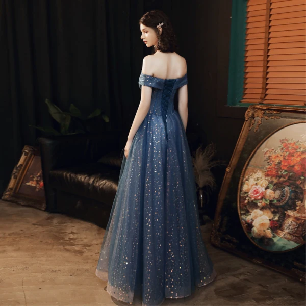 Bling Bling Meeresblau Tanzen Ballkleider 2021 A Linie Off Shoulder Kurze Ärmel Perlenstickerei Pailletten Lange Rüschen Rückenfreies Festliche Kleider