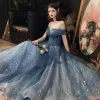 Bling Bling Ocean Blue Dancing Prom Dresses 2021 A-Line / Princess Off-The-Shoulder Short Sleeve Beading Sequins Floor-Length / Long Ruffle Backless Formal Dresses