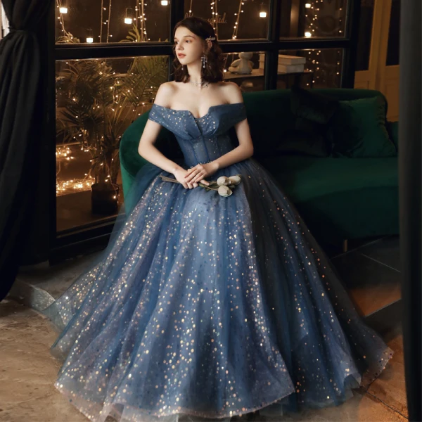 Bling Bling Meeresblau Tanzen Ballkleider 2021 A Linie Off Shoulder Kurze Ärmel Perlenstickerei Pailletten Lange Rüschen Rückenfreies Festliche Kleider