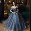 Bling Bling Meeresblau Tanzen Ballkleider 2021 A Linie Off Shoulder Kurze Ärmel Perlenstickerei Pailletten Lange Rüschen Rückenfreies Festliche Kleider